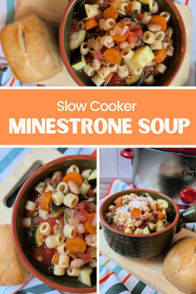 Full of hearty vegetables, this slow cooker minestrone soup recipe will have you feeling warm just by looking at it.  Double it for leftovers or large groups!
