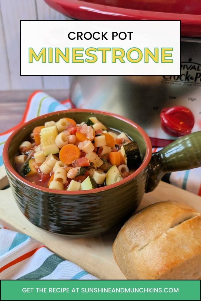 Full of hearty vegetables, this crock pot minestrone soup recipe will have you feeling warm just by looking at it.  Double it for leftovers or large groups!