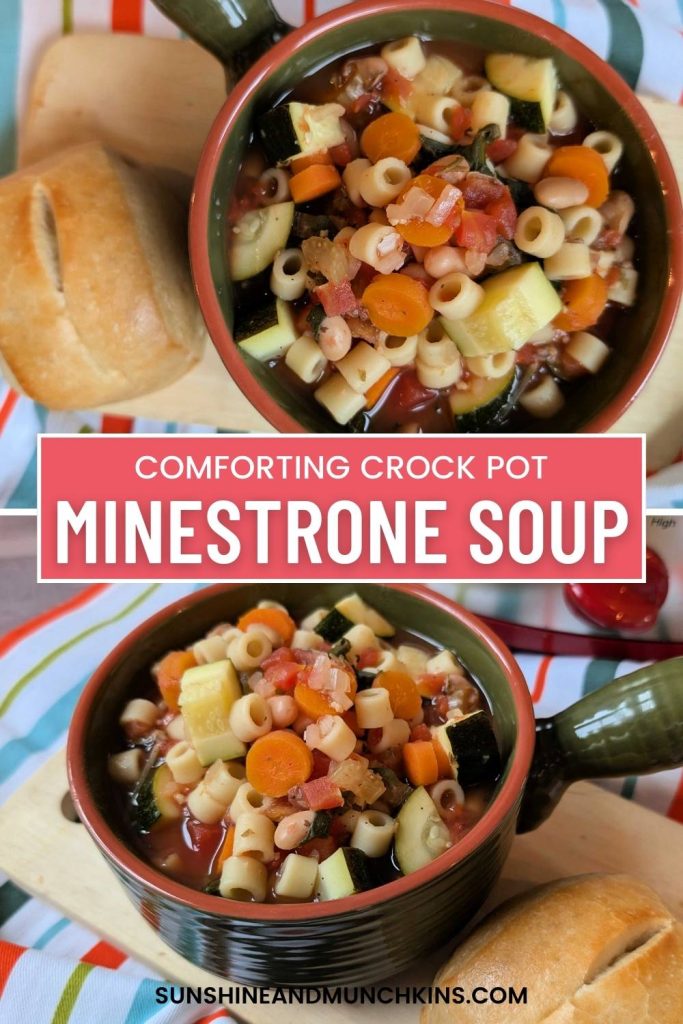 Full of hearty vegetables, this crock pot minestrone soup recipe will have you feeling warm just by looking at it.  Double it for leftovers or large groups!