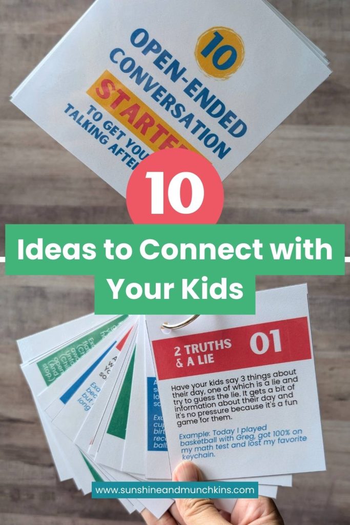 Connect and build a stronger relationship with your kids with these 10 conversation starters. They are great for elementary age and up! Get the free printable cards for easy reference.
