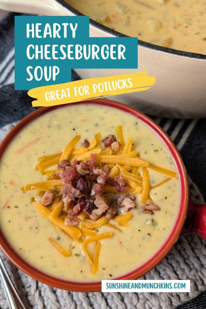 Make this hearty cheeseburger soup once and your family and friends will be begging for more! This flavorful soup combines ground beef or turkey, potatoes, carrots, celery to keep you full and happy. Great soup for potlucks.