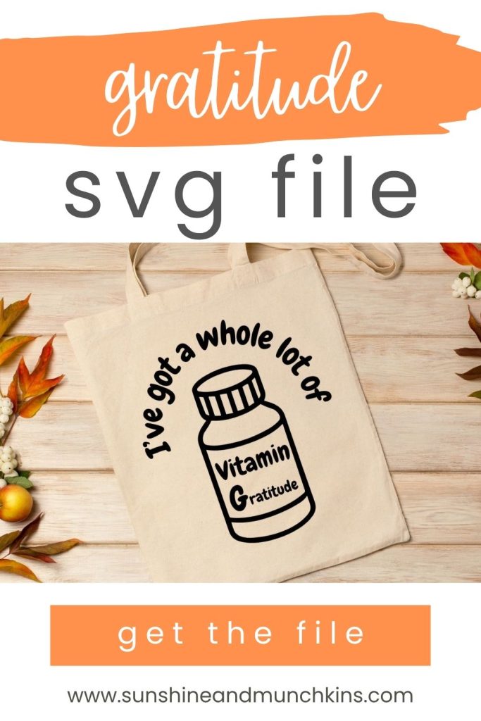 Express your gratitude with this fun and simple Vitamin G(ratitude) design. Perfect to use on shirts, totes and more!
